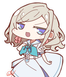 1girl absurdres blue_dress blue_eyes blue_neckerchief ceras_yanagida_lilienfeld chibi chibi_only commentary dress grey_hair hair_ribbon hasu_no_sora_school_uniform highres link!_like!_love_live! long_hair love_live! medium_dress neckerchief oofushi_ao parted_bangs pink_ribbon pleated_dress puffy_short_sleeves puffy_sleeves ribbon sailor_collar sailor_dress school_uniform short_sleeves sidelocks signature simple_background solo summer_uniform symbol-only_commentary virtual_youtuber white_background white_sailor_collar
