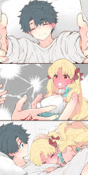 Rule 34 | 1boy, 1girl, azumi (myameco), black hair, blonde hair, blush, command spell, ereshkigal (fate), fate/grand order, fate (series), fujimaru ritsuka (male), hair ribbon, hetero, long hair, one-piece swimsuit, red eyes, red ribbon, ribbon, short hair, space ereshkigal (fate), space ereshkigal (first ascension) (fate), swimsuit