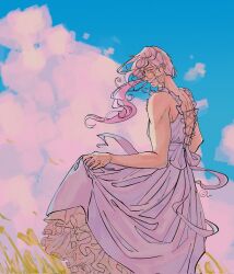 1boy :d blooming_panic blue_sky cloud cloudy_sky dress frilled_dress frills full_body glasses green_eyes highres lace-up_top lifting_own_clothes long_hair looking_at_viewer male_focus nakedtoaster open_mouth pink_hair ponytail sadlad03 sky smile solo very_long_hair waist_ribbon wheat_field white_gown