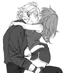 Rule 34 | 1boy, 1girl, ahoge, bite mark, bite mark on neck, breasts, camisole, dolphin shorts, ear piercing, gloves, grabbing another&#039;s ass, greyscale, groping, hand under clothes, hand under shorts, hashtag-only commentary, hetero, hickey, highres, honkai: star rail, honkai (series), meat7955, medium breasts, medium hair, monochrome, official alternate costume, pants, phainon (fashion) (honkai: star rail), phainon (honkai: star rail), piercing, shirt, short hair, shorts, simple background, stelle (honkai: star rail), trailblazer (honkai: star rail)