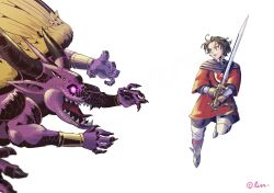 2boys armor black_horns black_nails bracer brown_gloves brown_hair chainmail commentary_request dragon_quest dragon_quest_x extra_arms feathered_wings fighting fingernails floating_clothes floating_hair gloves glowing glowing_eyes gold_bracer greaves green_eyes hero_(dq10) highres holding holding_sword holding_weapon horns looking_at_another maldragora male_focus monster multiple_boys no_pupils open_mouth parted_hair pink_eyes purple_scales red_tunic sharp_fingernails sharp_teeth shey93735903 short_hair sword teeth tunic weapon white_background wings yellow_wings