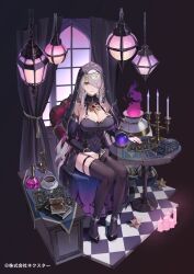 Rule 34 | 1girl, absurdres, anklet, asymmetrical legwear, bangle, black nails, black shoes, book, bracelet, braid, breasts, candle, candlestand, card, chair, checkered floor, cleavage, clothing cutout, copyright name, detached collar, detached sleeves, dress, fire, gem, green eyes, grey hair, hand on lap, hand on table, hanging light, highres, jewelry, large breasts, long skirt, looking at viewer, multicolored hair, navel cutout, official art, on chair, orb, pile of books, potion, purple brooch, purple dress, purple fire, purple gemstone, purple streaks, purple veil, second-party source, shoes, single leg pantyhose, single thighhigh, sitting, skirt, smile, solo, streaked hair, table, tarot, tarot card, thigh strap, thighhighs, twin braids, twintails, veil, virtual youtuber, vivienne mysteria, watao, world connect