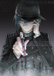 Rule 34 | 1boy, artist name, black background, black hat, blood, blood on hands, blue hair, board game, buttons, chess, chess piece, chinese commentary, collared jacket, danganronpa (series), danganronpa v3: killing harmony, double-breasted, gradient background, grey background, hair between eyes, hand on own face, hat, holding, holding chess piece, jacket, long sleeves, male focus, pandasiren, pink blood, pinstripe jacket, pinstripe pattern, saihara shuichi, short hair, solo, watermark, yellow eyes