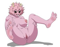 1girl ashido_mina barefoot black_eyes boku_no_hero_academia breasts colored_skin completely_nude feet highres horns nipples nude open_mouth pink_hair pink_skin pussy saorika short_hair solo toes yellow_eyes
