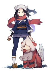 1girl akari_(pokemon) black_hair black_undershirt blush closed_mouth creatures_(company) eyelashes floating_hair floating_scarf game_freak grey_eyes headscarf highres hisuian_form hisuian_growlithe holding holding_poke_ball jacket long_hair looking_at_viewer miya9 nintendo pants poke_ball hisuian_poke_ball pokemon pokemon_(creature) pokemon_legends:_arceus ponytail red_scarf sash scarf shoes sidelocks smile socks standing undershirt white_headscarf white_headwear white_legwear