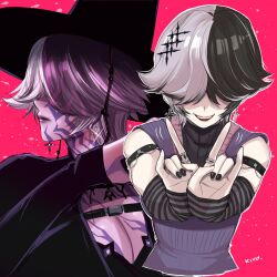 1girl arm_strap black_arm_warmers black_hair black_hat black_nails breasts chest_markings cleavage cosplay earrings facial_mark grey_hair hair_over_eyes hat highres hololive hololive_english jewelry kivo kpop_demon_hunters large_breasts multicolored_hair multiple_views mystery_(kpop_demon_hunter) mystery_(kpop_demon_hunter)_(cosplay) open_mouth pink_background purple_sweater ring shiori_novella sleeveless sleeveless_sweater split-color_hair striped_arm_warmers sweater teeth two-tone_hair virtual_youtuber