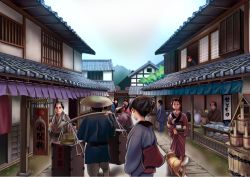 6+girls blue_kimono chonmage clear_sky commentary_request day food hair_ornament hairclip hat history house ichiren_takushou japanese_clothes kimono multiple_girls open_window original plate shiba_inu shop sign sky slice_of_life straw_hat string_of_flags tofu topknot translation_request window zantetsu_(gesogeso)