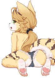 1girl barefoot batazungharn blonde_hair cameltoe commentary full_body furry furry_female green_eyes highres long_hair open_mouth ponytail pulchra_fellini simple_background sitting soles solo toes topless_female variant_set wariza white_background zenless_zone_zero