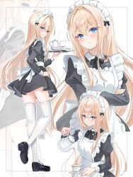 1girl apron arms_under_breasts blonde_hair blue_eyes blush breasts closed_mouth commentary crossed_arms cup from_side frown full_body hair_intakes hand_on_own_hip highres holding holding_tray long_hair looking_at_viewer maid maid_apron maid_headdress mia_(omo_omochi_zzz) multiple_views omo_omochi_zzz original pointy_ears pouring small_breasts smug solo straight_hair tea teacup thighhighs tray upper_body white_thighhighs zettai_ryouiki