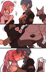 Rule 34 | +++, 2girls, ?, accidental kiss, armor, blue hair, blush, commentary, eye contact, closed eyes, facing another, fire emblem, fire emblem: three houses, flying sweatdrops, from side, garreg mach monastery uniform, hand on another&#039;s shoulder, heart, highres, hilda valentine goneril, horse, kiss, kusodekablack, long hair, long sleeves, looking at another, marianne von edmund, multiple girls, nintendo, pink hair, profile, sweat, twintails, upper body, white background, yuri