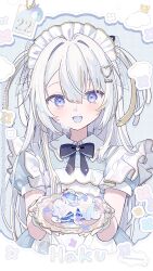 1girl apron black_bow black_bowtie black_ribbon blonde_hair blue_background blue_dress blue_eyes bow bowtie cake cloud collared_dress colored_mouth cream cream_on_face diamond_hair_ornament double-parted_bangs dress flower food food_on_face frilled_apron frilled_headwear frilled_straps frills fruit grid_background hair_between_eyes hair_intakes hair_ornament hair_ribbon haku_(kumorimuu) heart heart_hair_ornament holding holding_food holding_plate holographic_clothing iridescent kumorimuu long_hair looking_at_viewer maid maid_apron maid_headdress multicolored_eyes multicolored_hair open_mouth original pink_eyes plate puffy_short_sleeves puffy_sleeves ribbon short_sleeves smile solo strawberry streaked_hair twitter_username two-tone_eyes two-tone_hair two_side_up upper_body very_long_hair white_apron white_dress white_hair white_headdress white_wrist_cuffs wrist_cuffs