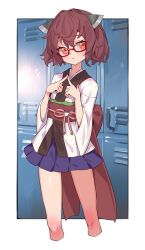 1girl bespectacled blue_skirt blush brown_hair closed_mouth cropped_legs feet_out_of_frame female glasses hair_between_eyes headgear japanese_clothes kimono locker long_sleeves obi orange_eyes pleated_skirt red-framed_eyewear sash semi-rimless_eyewear short_hair skirt solo touhoku_kiritan voiceroid white_kimono wide_sleeves yamamomo_(plank)