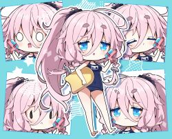 1girl :&lt; :3 :o absurdres ahoge barefoot blue_background blue_eyes blush braid chibi chibi_only closed_eyes closed_mouth commentary covered_navel drop_shadow full_body highres holding holding_kickboard holding_water_gun ia_(vocaloid) long_hair looking_at_viewer milkpanda multiple_views o_o open_mouth outline pink_hair ponytail school_swimsuit standing swimsuit thick_eyebrows twin_braids vocaloid water_gun white_outline |_|