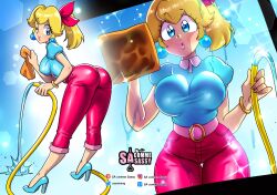 1girl ass blonde_hair breast_press breasts hair_ribbon high_heels hose large_breasts lips mario_(series) mario_kart mario_kart_world nintendo one_eye_closed pants ponytail princess_peach ribbon sasa_tseng short_sleeves water wink