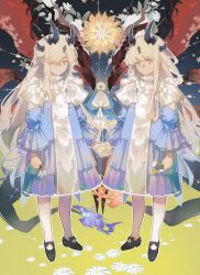 2girls absurdres aged_down aqua_eyes arknights black_horns black_shoes blonde_hair blue_dress chinese_commentary closed_mouth commentary_request doll dress expressionless flower frilled_dress frills full_body hair_over_one_eye hewu639356 highres holding holding_flower holding_hands horns long_hair long_sleeves looking_at_viewer multiple_girls necrass_(arknights) one_eye_covered outline pantyhose reed_(arknights) shoes siblings sisters smile standing surreal white_dress white_flower white_outline white_pantyhose yellow_flower