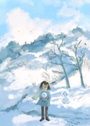 1girl bare_tree brown_hair brown_mittens brown_pants brown_shoes closed_eyes cloud coat commentary_request day duffel_coat facing_viewer grey_coat happy highres hill holding holding_snowball kezuru long_sleeves medium_hair mittens no_nose open_mouth original outdoors pants scarf shoes simple_bird smile snow snowball snowman solo standing tree wide_shot winter_clothes