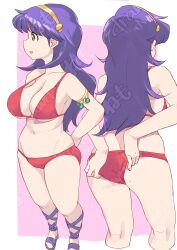 Rule 34 | 1girl, asamiya athena, ass, bikini, breasts, butt crack, clothes grab, coveredcore, female focus, from behind, gladiator sandals, gold, grabbing own ass, hairband, large breasts, long hair, nemo, pale skin, panties, princess athena, purple hair, red bikini, sandals, snk heroines: tag team frenzy, standing, sweatdrop, swimsuit, the king of fighters, themanyoukilled, thighs, tight clothes, underboob, underwear, wide hips