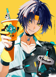 Rule 34 | 1boy, absurdres, asaba harumasa, asaba harumasa (cat), asaboo (zenless zone zero), asymmetrical gloves, black choker, black gloves, black hair, black necktie, choker, collared shirt, cup, disposable cup, drinking straw, gloves, grin, headband, highres, holding, holding cup, mismatched gloves, naru9, necktie, parted bangs, shirt, simple background, smile, solo, white shirt, yellow background, yellow eyes, yellow gloves, yellow headband, zenless zone zero