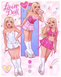 1girl artist_name bare_shoulders blonde_hair blue_eyes dress english_text hand_on_own_hip highres holding holding_microphone long_hair luztapiaart microphone multiple_views pink_skirt platform_heels real_life sabrina_carpenter skirt socks strapless strapless_dress watermark white_dress white_socks