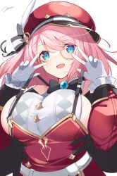 1girl aqua_eyes bare_shoulders belt blue_gemstone blush bow breasts charlotte_(genshin_impact) detached_sleeves gem genshin_impact gloves hands_up hat hat_feather highres jam_(jamjam777) jewelry large_breasts long_sleeves looking_at_viewer monocle open_clothes open_mouth pink_hair red_hat ribbon shirt sideboob simple_background sleeveless solo strap_pull suspenders v white_background white_belt white_gloves