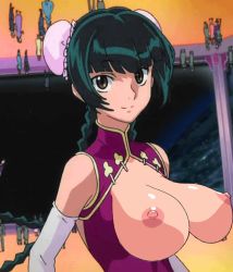 00s 1girl animated animated_gif breasts china_dress chinese_clothes dress female_focus framed_breasts green_hair gundam gundam_00 large_breasts nipples solo solo_focus third-party_edit wang_liu_mei
