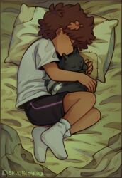 1girl amphibia animal animal_hug anne_boonchuy artist_name bed black_cat black_shorts brown_hair cat ciervobizarro closed_eyes closed_mouth dark-skinned_female dark_skin from_above full_body grey_shirt leaf leaf_on_head light_blush lying no_shoes on_side pillow shirt short_hair shorts sleeping socks solo t-shirt
