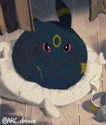 animal_focus arc_draws black_fur creatures_(company) cushion game_freak gen_2_pokemon highres label looking_at_viewer nintendo no_humans pink_eyes pokemon pokemon_(creature) solo twitter_username umbreon wooden_floor