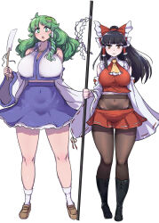 2girls black_boots black_hair black_pantyhose boots breasts enajii gohei green_eyes green_hair hakurei_reimu highres holding holding_gohei huge_breasts japanese_clothes kochiya_sanae large_breasts microskirt miko miniskirt multiple_girls pantyhose skirt socks touhou white_socks yellow_eyes