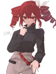 1girl black_shirt breasts character_name closed_mouth collar_tug crossed_bangs drill_hair expressionless grey_pants hair_between_eyes hair_ribbon hand_up high-waist_pants highres kasane_teto kasane_teto_(sv) long_sleeves medium_breasts pants ramie_li red_eyes red_hair ribbon shirt shirt_tucked_in short_hair simple_background solo synthesizer_v turtleneck turtleneck_shirt twin_drills white_background white_ribbon