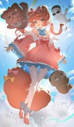 1girl animal_ears blue_eyes blue_ribbon blue_sky bow brown_hair chromu chudjak commentary day diagonal-striped_bow dress english_commentary frilled_dress frills full_body hair_bow hair_ornament hair_scrunchie indie_virtual_youtuber kowai_(iamkowai) long_hair low_twintails midair open_mouth pantyhose pink_bow pink_dress raccoon_ears raccoon_girl raccoon_tail ribbon scrunchie simple_bird sky tail twintails virtual_youtuber white_pantyhose