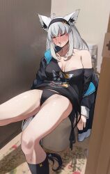 1girl absurdres ahoge animal_ears areola_slip black_jacket black_panties black_shirt blush breasts commentary english_commentary extra_ears fainted fox_ears fox_girl fox_tail full-face_blush grey_hair highres hololive indoors jacket large_breasts long_hair low_ponytail mr_thecatman no_bra no_pants on_toilet open_mouth paid_reward_available panties pentagram ponytail print_shirt saliva shirakami_fubuki shirakami_fubuki_(loungewear) shirt side-tie_shirt sidelocks single_off_shoulder sitting solo tail toilet_stall underwear v-neck virtual_youtuber