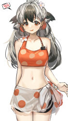 1girl :d absurdres arknights bare_shoulders bikini black_hair breasts commentary_request cowboy_shot flower grey_hair hair_flower hair_ornament highres long_hair looking_at_viewer midriff multicolored_hair navel nopetroto open_mouth orange_eyes polka_dot revision sarong shorts simple_background small_breasts smile snowsant_(arknights) snowsant_(summer)_(arknights) solo spoken_blush standing stomach swimsuit thighs two-tone_hair white_background white_flower