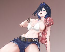 1girl absurdres alternate_costume bikini black_hair blue_eyes blue_hair blue_nails blue_shorts bracelet breasts brown_background colored_inner_hair commentary daaku_(koizumi_arata) denim denim_shorts english_commentary gradient_background highres hololive hololive_english jewelry large_breasts medium_hair multicolored_hair navel ouro_kronii plaid_clothes plaid_shirt shirt short_shorts shorts solo swimsuit virtual_youtuber white_bikini