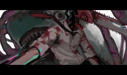 2boys beam_(chainsaw_man) black_necktie blood blood_on_clothes chainsaw chainsaw_man collared_shirt denji_(chainsaw_man) extra_eyes highres hybrid intestines letterboxed multiple_boys nakano_(2_mannaka) necktie no_eyes shark sharp_teeth shirt sleeves_rolled_up teeth white_background white_shirt