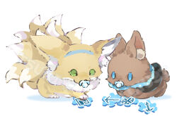 Rule 34 | amiya (arknights), animalization, arknights, blue hairband, chinese commentary, fox, hairband, kitsune, kyuubi, multiple tails, no humans, pacifier, rabbit, suzuran (arknights), tail, tsukihana l, watermark, white background