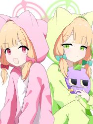 2girls absurdres alternate_costume animal_costume animal_ear_hood animal_hood blonde_hair blue_archive blunt_bangs blush bow cardcat_00 cat_costume cat_hood character_request closed_mouth commentary copyright_request dot_nose fake_animal_ears green_bow green_eyes green_halo green_pajamas hair_bow halo highres hood hood_up knee_up korean_commentary long_sleeves looking_at_viewer looking_to_the_side low-tied_sidelocks midori_(blue_archive) momoi_(blue_archive) multiple_girls open_mouth pajamas pink_bow pink_eyes pink_halo pink_pajamas rectangular_mouth siblings sidelocks simple_background sisters smile tareme twins upper_body white_background zipper zipper_pull_tab