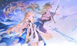 2girls absurdres bare_shoulders black_collar black_dress blonde_hair blue_eyes breasts cartethyia_(wuthering_waves) collar commentary crown_of_thorns dress dual_persona earrings fleurdelys_(wuthering_waves) floating floating_object floating_sword floating_weapon highres holding holding_sword holding_weapon horns huge_breasts jewelry long_hair long_horns looking_at_viewer multiple_girls parted_lips pointy_ears sebin_13 single_horn small_breasts sword symbol-only_commentary tabard tacet_mark_(wuthering_waves) thighs very_long_hair weapon white_tabard wuthering_waves yellow_horns