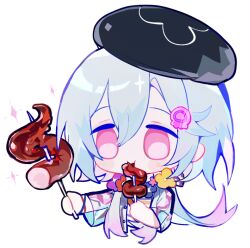 1girl :i arknights beret chibi chibi_only chinese_commentary commentary_request cropped_torso dual_wielding food food_request hat heyue2022 highres holding holding_skewer mizuki_(arknights) no_nose no_pupils simple_background skewer solo three_quarter_view white_background