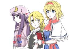 3girls alice_margatroid blonde_hair blue_eyes book capelet crescent crescent_hat_ornament hairband hat hat_ornament height_difference holding holding_book kirisame_marisa long_hair majime_na_gakuinsei mob_cap multiple_girls patchouli_knowledge purple_eyes purple_hair red_hairband short_hair touhou upper_body white_background white_capelet