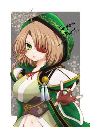 1girl ahoge braid braided_sidelock breasts brown_hair coat detached_sleeves eyepatch fingerless_gloves freddo gloves green_coat green_eyes green_hood green_kimono grey_background hair_over_one_eye highres hood japanese_clothes kimono navel neck_ribbon obi open_mouth outstretched_arm outstretched_hand palms ribbon sash sengoku_otome short_hair solo upper_body yamamoto_kansuke_(sengoku_otome)