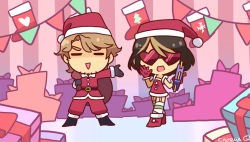 1boy 1girl =_= artist_name bad_id bad_pixiv_id black_gloves boots brown_hair bruno_(vocaloid) chibi chorvaqueen christmas christmas_stocking clara_(vocaloid) facial_hair gift gloves heart heart-shaped_eyewear heart-shaped_glasses heart-shaped_sunglasses instrument music outstretched_arm pennant playing_instrument red_gloves sack santa_costume smile stubble sunglasses tambourine vocaloid