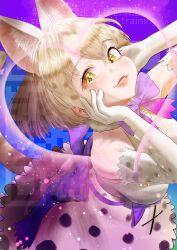 1girl absurdres aburaeoyaji animal_ears animal_print bow bowtie breasts elbow_gloves extra_ears gloves highres idol idol_clothes kemono_friends kemono_friends_3 looking_at_viewer medium_breasts official_alternate_costume open_mouth outstretched_arm print_bow print_bowtie print_gloves print_skirt shirt short_hair skirt sleeveless sleeveless_shirt smile solo two-tone_bow two-tone_bowtie white_serval_(kemono_friends) white_shirt