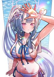 Rule 34 | 1girl, alternate breast size, arm up, armpits, bikini, blue archive, blue hair, chise (blue archive), chise (swimsuit) (blue archive), flower, hair flower, hair ornament, halo, horns, hrons, i-nn, looking at viewer, navel, ocean, solo, swimsuit, twitter