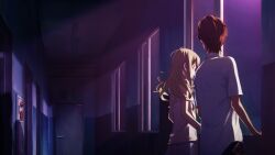 1boy 1girl belt_pouch blonde_hair blue_pants blue_shorts chuo_tanegashima_high_school_uniform collared_shirt dim_lighting door exit_sign fireworks from_behind from_side fukuda_tomonori game_cg hair_between_eyes hair_down highres indoors koujiro_frau lace-trimmed_tank_top lace_trim looking_at_another looking_down looking_to_the_side loungewear narrowed_eyes night non-web_source official_art on_windowsill open_mouth pants pouch red_hair robotics;notes sad school_uniform shirt short_sleeves shorts sidelocks tank_top white_shirt white_tank_top windowsill yashio_kaito yellow_eyes