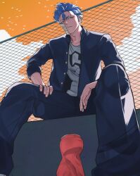 Rule 34 | 1boy, absurdres, alternate costume, backlighting, black jacket, black pants, bleach, blue eyes, blue hair, cloud, collarbone, commentary, contemporary, dakaeya, english commentary, espada, facial mark, feet out of frame, foreshortening, from below, gakuran, grimmjow jaegerjaquez, hair between eyes, hands on own thighs, highres, jacket, long sleeves, looking at viewer, male focus, number print, open clothes, open jacket, orange sky, outdoors, pants, parted lips, print shirt, railing, rooftop, school uniform, shirt, short hair, sitting, sky, solo, spiked hair, sunset, teeth, upper teeth only, v-shaped eyebrows, white shirt