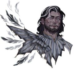1boy absurdres beard black_hair clair_obscur:_expedition_33 closed_mouth commentary cropped_shoulders english_commentary facial_hair feathers grey_eyes grey_hair highres looking_ahead male_focus medium_hair multicolored_hair resrerum scar scar_on_face simple_background solo streaked_hair verso_(clair_obscur:_expedition_33) white_background
