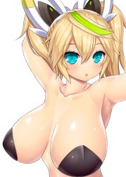 1girl aqua_eyes arms_up asamura_hiori blonde_hair blush breasts cleavage female_focus gene_(pso2) green_hair hair_between_eyes highres huge_breasts long_hair looking_at_viewer md5_mismatch multicolored_hair nude open_mouth pasties phantasy_star phantasy_star_online_2 resolution_mismatch solo source_larger twintails