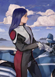 1girl absurdres aficksuna biker_clothes bikesuit blue_hair blue_sky bodysuit closed_mouth cloud commentary_request day expressionless gloves green_eyes highres horizon kuga_natsuki long_hair motor_vehicle motorcycle my-hime ocean outdoors sky solo white_gloves