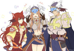 +++ 2girls :t anger_vein armor belt blue_cape blue_eyes blue_skirt blue_tabard boobplate breastplate breasts brown_belt brown_cape brown_dress brown_hair brown_wings cape chainmail cleavage closed_mouth commentary commission cowboy_shot creator_(ragnarok_online) cross cross_necklace cross_of_prontera crossed_arms demon_wings dress english_commentary gauntlets gloves head_wings holding jewelry long_hair looking_at_another lord_knight_(ragnarok_online) medium_breasts midriff multiple_girls navel necklace open_mouth paladin_(ragnarok_online) pauldrons plunging_neckline pout ragnarok_online red_hair short_dress short_hair shoulder_armor simple_background skirt spiked_gauntlets strapless strapless_dress tabard waist_cape white_background white_gloves white_hair wings yellow_cape yellow_eyes ymirre