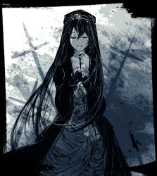 1girl black_dress closed_eyes cross dress evillious_nendaiki female_focus frilled_dress frills grave hatsune_miku long_hair margarita_blankenheim matryoshka-ruth monochrome mourning nemurase_hime_kara_no_okurimono_(vocaloid) open_mouth own_hands_together smile solo twintails veil very_long_hair vocaloid
